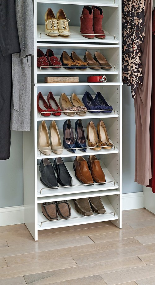ClosetMaid SuiteSymphony Wood Shoe Shelves Set, Add On Accessory, Angled, Shoe Fence, for 25 in. Units, Pure White/Satin Nickel