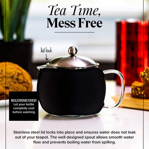 Teapot with Infuser for Loose Tea - 40oz, 3-4 Cup, Clear Glass Kettle Pot with Strainer & Warmer - For Whole Leaf, Iced Maker & Brewer