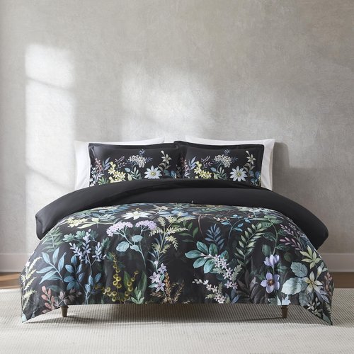 Lush Decor Fantasy Floral Cotton Duvet Cover 3 Piece Set Full/Queen Black - Floral Duvet - Black Bedding Set - Goth Bedding - Modern Victorian Decor