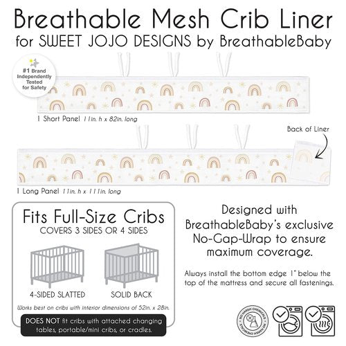 Sweet Jojo Designs + BreathableBaby Boho Rainbow Girl Breathable Mesh Crib Liner Anti-Bumper Baby and Infant - Blush Pink Yellow Tan Bohemian Modern Neutral Vintage Dusty Rose Mauve Taupe Stars Sun