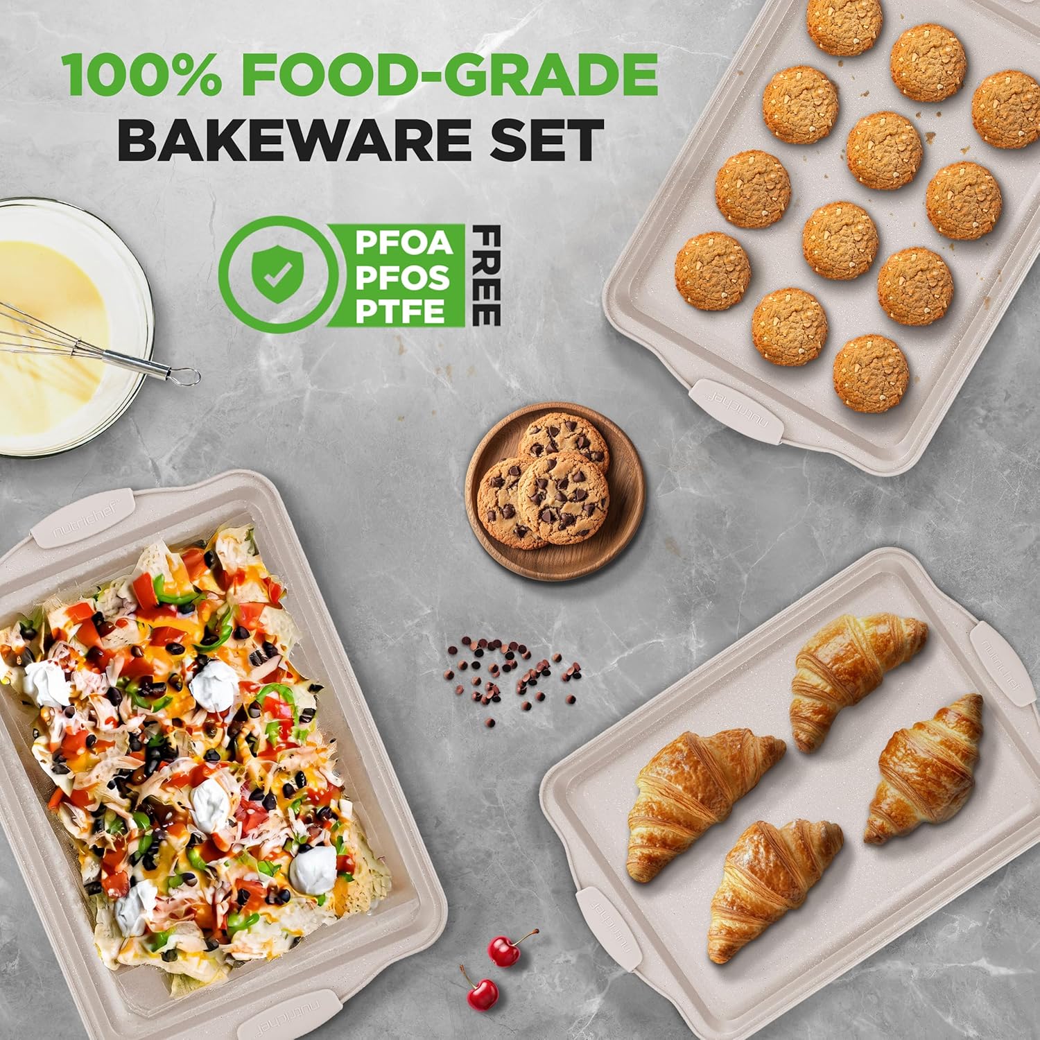 NutriChef Nonstick Cookie Sheets - Premium Carbon Steel Baking Pans with Silicone Handles | Easy to Clean, Cream Marble Finish