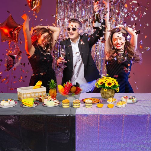 4 Pack Iridescent Black and Purple Plastic Tablecloth 54x108 Inch, Holographic Laser Disposable Table Cover, Rectangle Black and Purple Table Cloth for Halloween Holiday Birthday Party Decorations