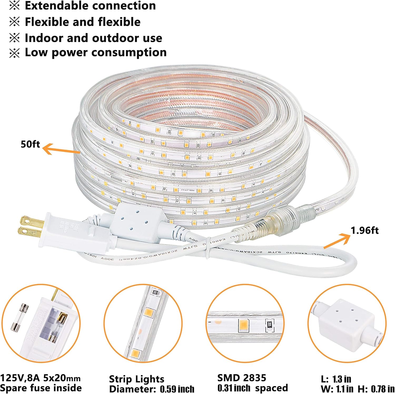 SURNIE LED Rope Lights - 50ft Waterproof Warm White Outdoor Lighting | Flexible & Cuttable for Deck, Patio, Christmas Decor