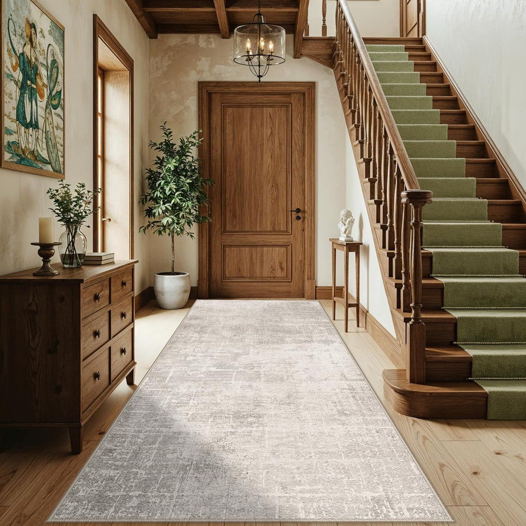 Skiennix Washable 4x8 Hallway Area Rug - Abstract Water-Resistant Soft Runner Mat | Non-Slip Beige/Cream