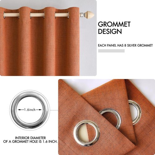 MIULEE Linen Curtains - 100% Blackout Thermal Insulated Drapes | Orange Grommet, 52 x 90 Inch (2 Panels)