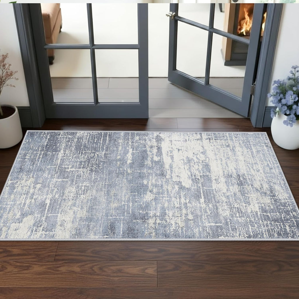 Skiennix Washable 2x5 Abstract Hallway Runner - Soft, Water-Resistant Rug for Indoor Use | Blue/Ivory