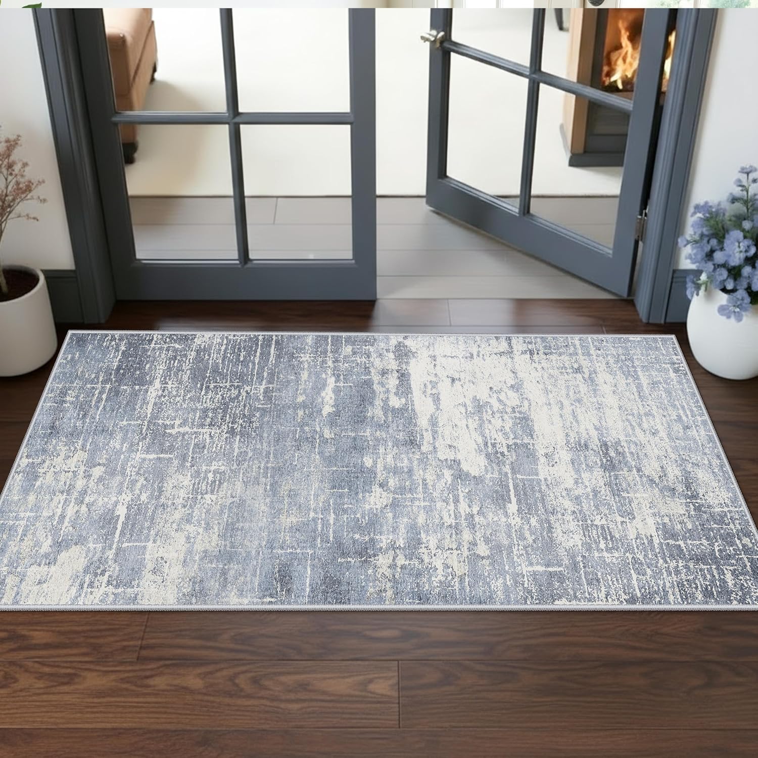 Skiennix Washable 2x5 Abstract Hallway Runner - Soft, Water-Resistant Rug for Indoor Use | Blue/Ivory