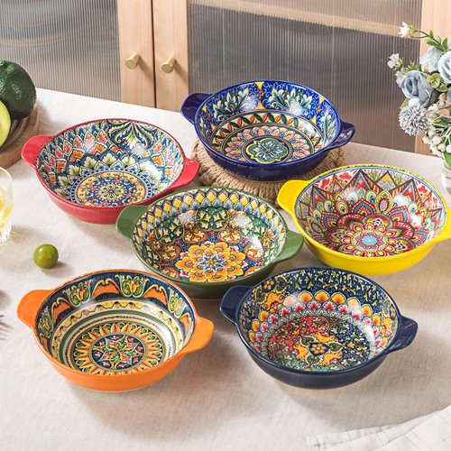Henten Home Porcelain Pasta Bowls with Handle - 30 oz Ceramic Soup Bowls Set of 6, Colorful Serving Dishes for Salad, Cereal, Dinner, Bohemian Style, Microwave & Dishwasher Safe