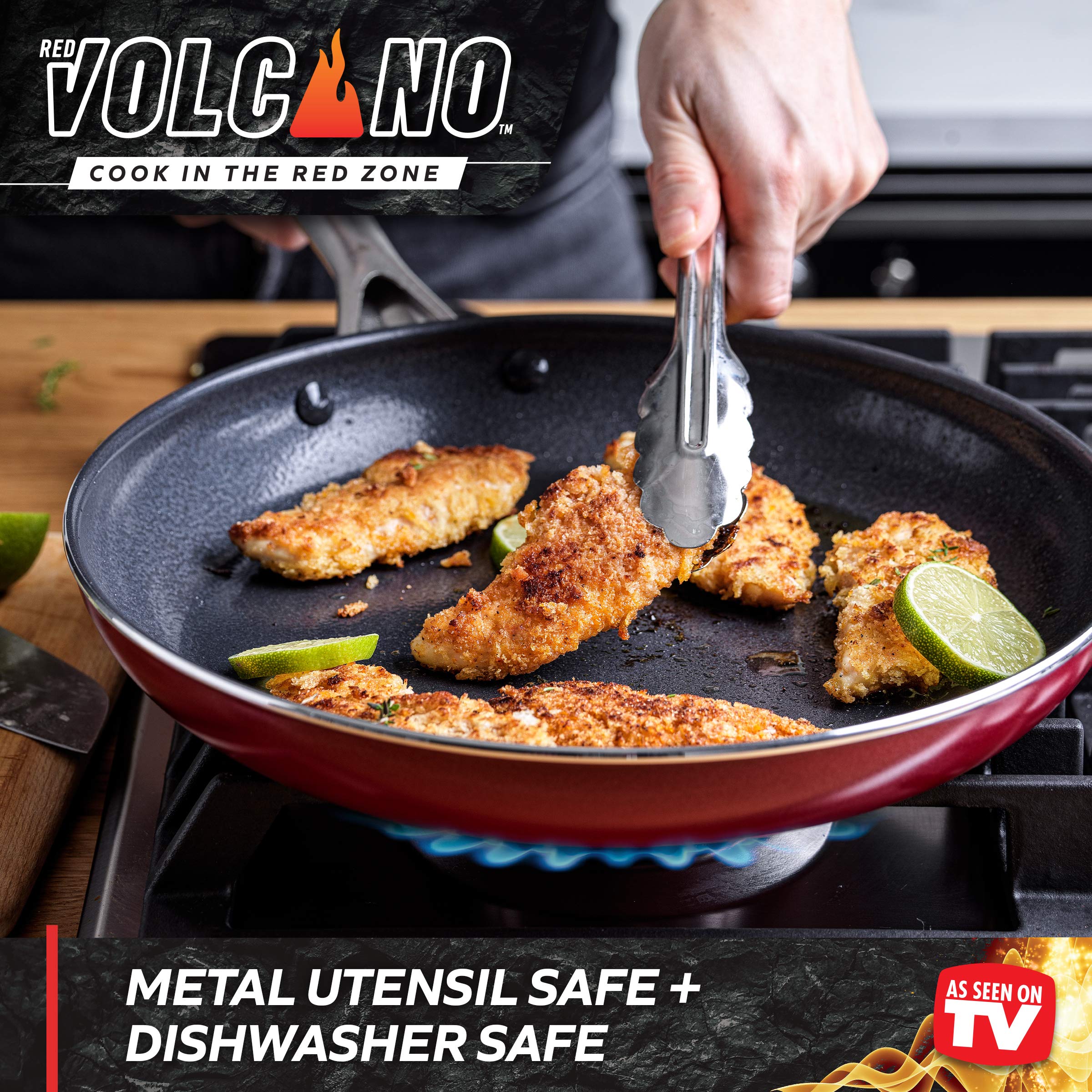 Red Volcano Textured Ceramic Nonstick, 10 Piece Cookware Pots and Pans Set with Stainless Steel Handles, PFAS PFOA & PTFE Free, Dishwasher Safe, Oven & Broiler Safe to 600 Degrees, Red