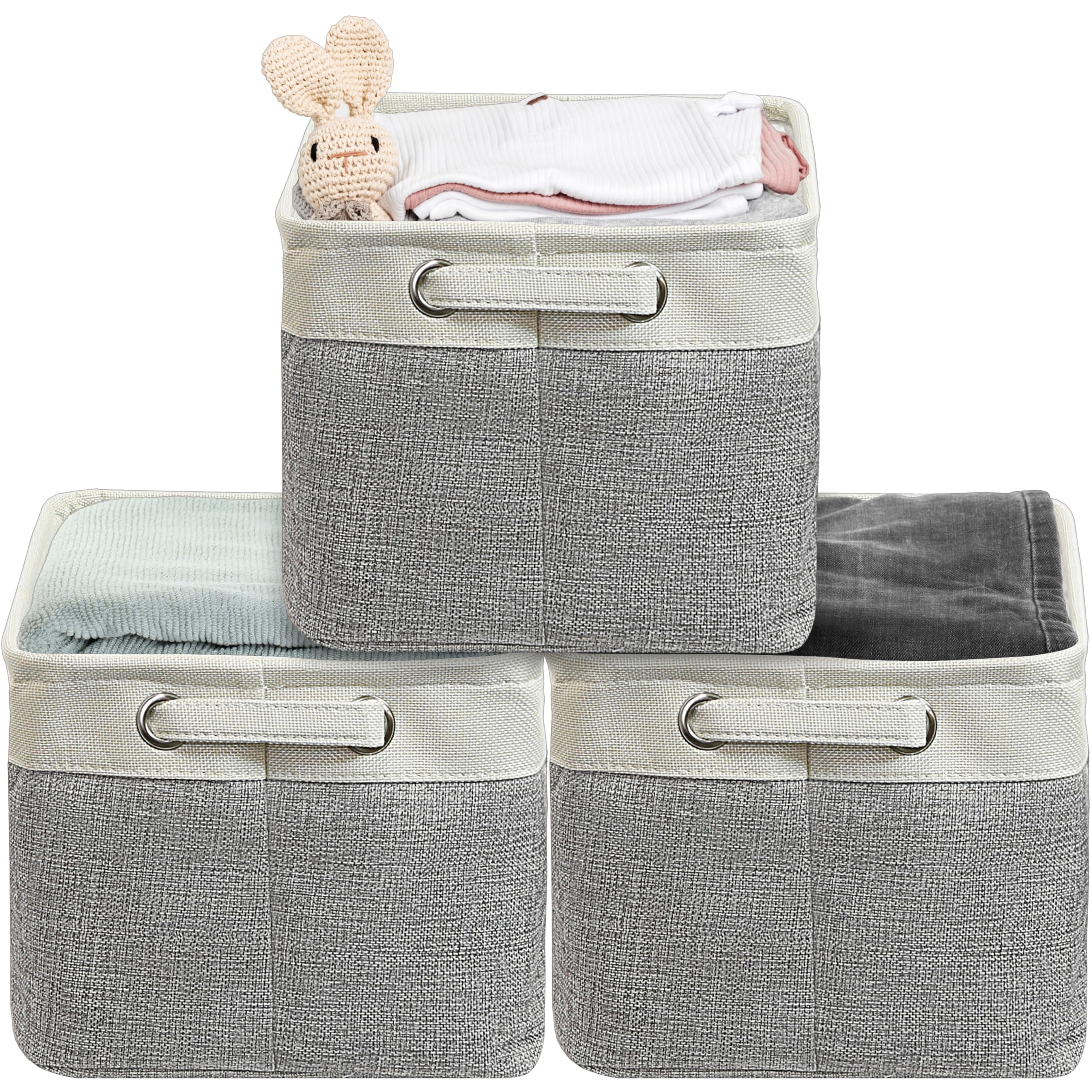 Simple Houseware Large Fabric Storage Bin, 14.4" x 10" with Handles, 3-Pack, Foldable Organizer for Closet and Shelf, Gray