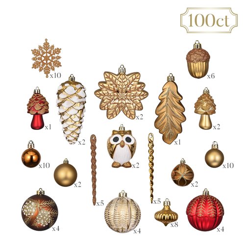 Valery Madelyn Christmas Ornaments Set, 80ct Red and Brown Shatterproof Christmas Tree Decorations, Woodland Hanging Ball Ornaments Bulk for Xmas Holiday Decor