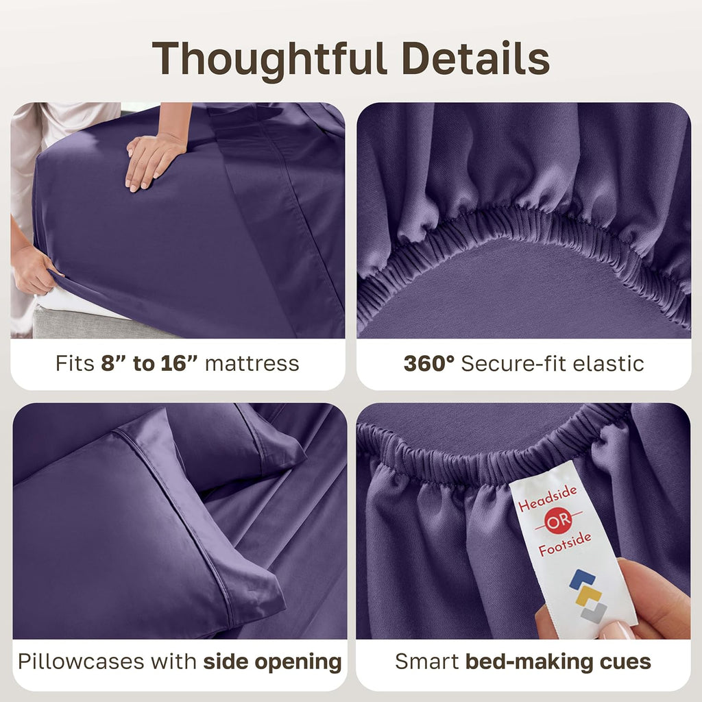 California Design Den Full Size Cotton Sheet Set - 400 TC Silky Smooth Sateen Weave, Deep Pockets - Purple