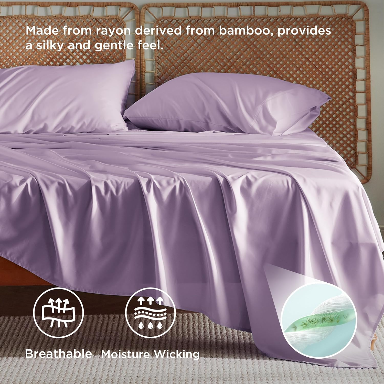 Bedsure King Size Cooling Sheets Set - Breathable & Soft Rayon from Bamboo, Deep Pocket, Lilac