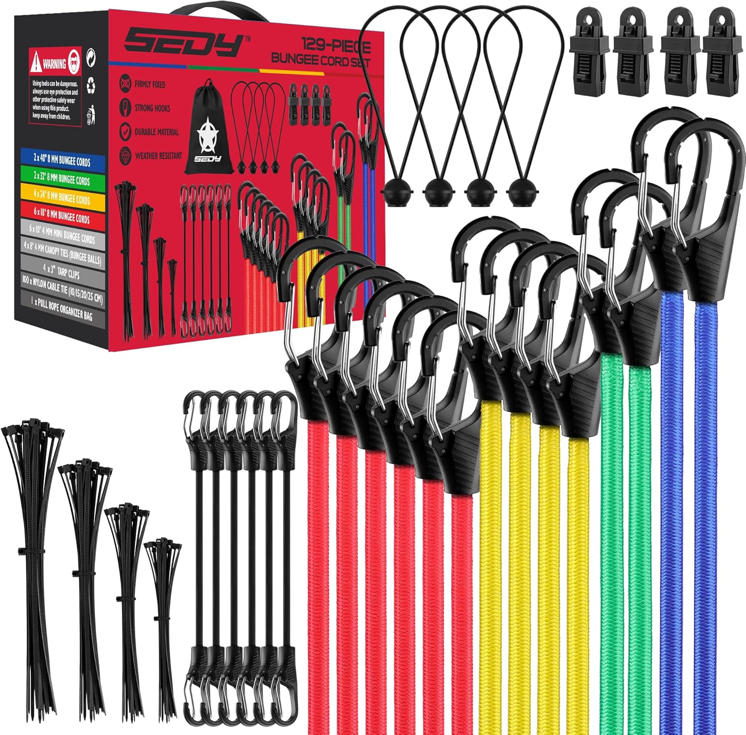 Bungee Buddy Heavy Duty Bungee Cords - 129 PCS Set with Hooks, Clips, and Storage Bag | 18"-40" Lengths