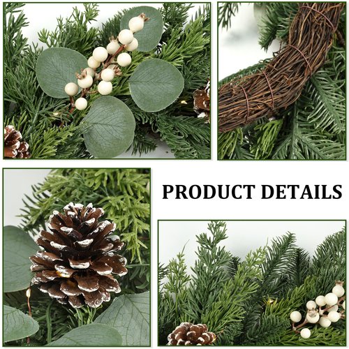 Christmas Wreath with Lights 24 Inch Real Touch Pine Wreath with White Berries/Pine Cone Prelit Christmas Wreaths for Front Door Outdoor Christmas Decorations Winter Wreath for Home Indoor Holiday