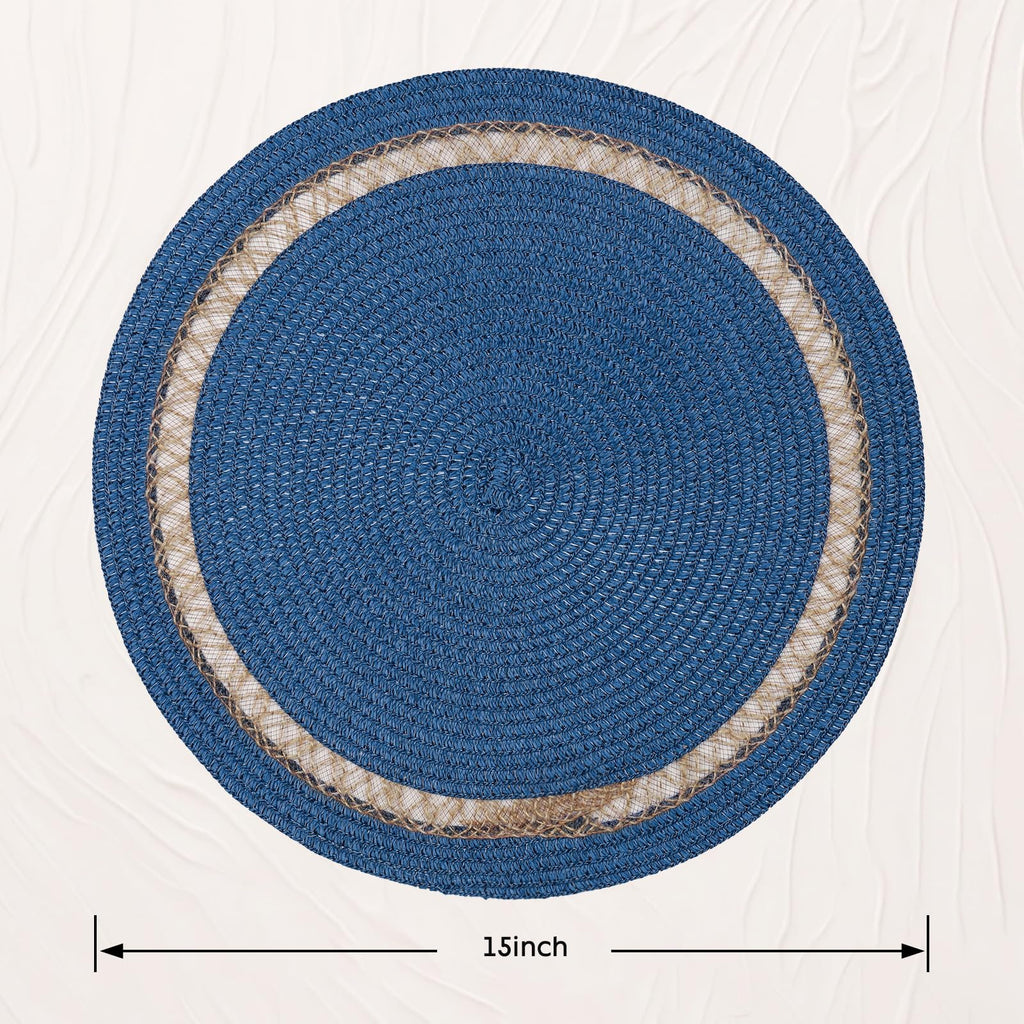 AHHFSMEI Round Paper and Jute Braided Placemats Set of 6 Non-Slip Heat Resistant Table Mats for Dining Tables Indoor & Outdoor Place mats for Daily Use (Blue,6)