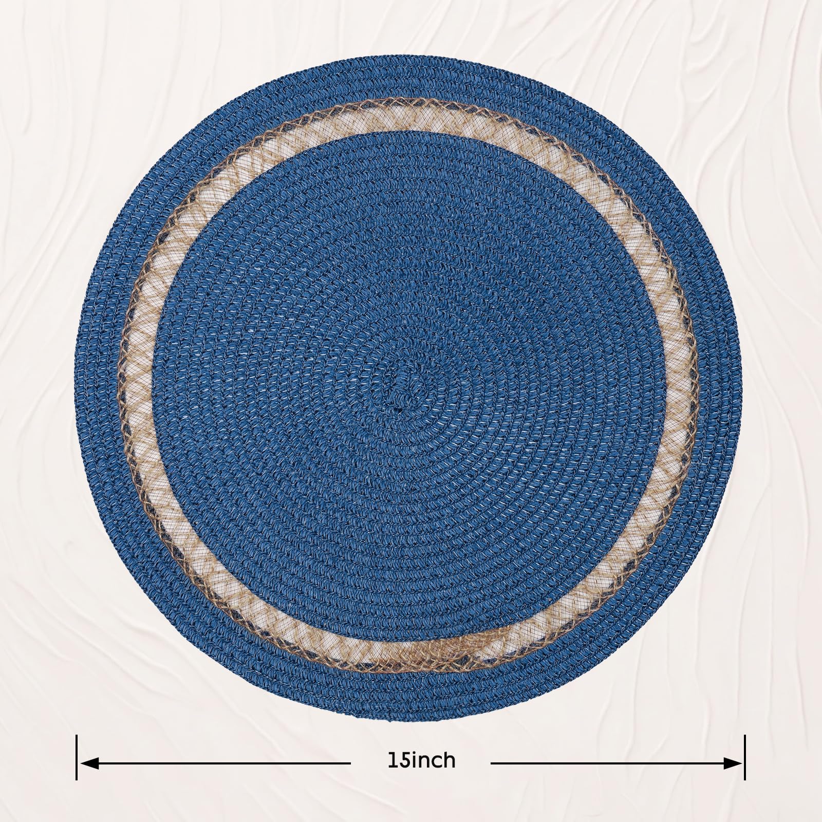 AHHFSMEI Round Paper and Jute Braided Placemats Set of 6 Non-Slip Heat Resistant Table Mats for Dining Tables Indoor & Outdoor Place mats for Daily Use (Blue,6)