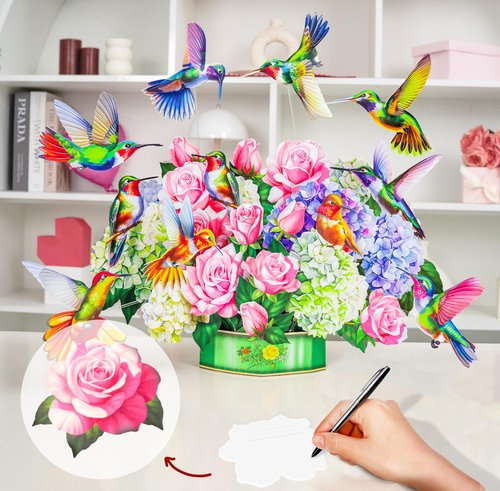 HIBLOOM Humming Bird Pop Up Card, 19.5 Inch Real Sized Display 3D Valentine Greeting Card, Paper Flower Bouquet, Gift for Valentines Day, Birthday, Mothers Day, Includes Envelope & Message Note