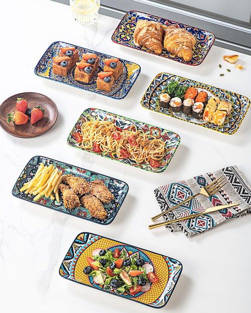 HENXFEN LEAD Boho Ceramic Dinner Plates 10 Inch – Large Rectangular Serving Plates Set of 6 for Salad, Sushi & Main Dishes, Microwave & Dishwasher Safe