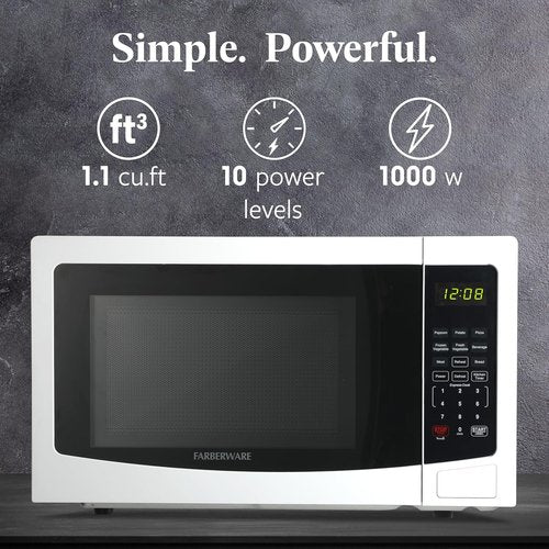 Farberware 1.1 Cu. Ft. Microwave Oven - 1000 Watts, Auto Cook, Easy Clean & Child Safety Lock | White