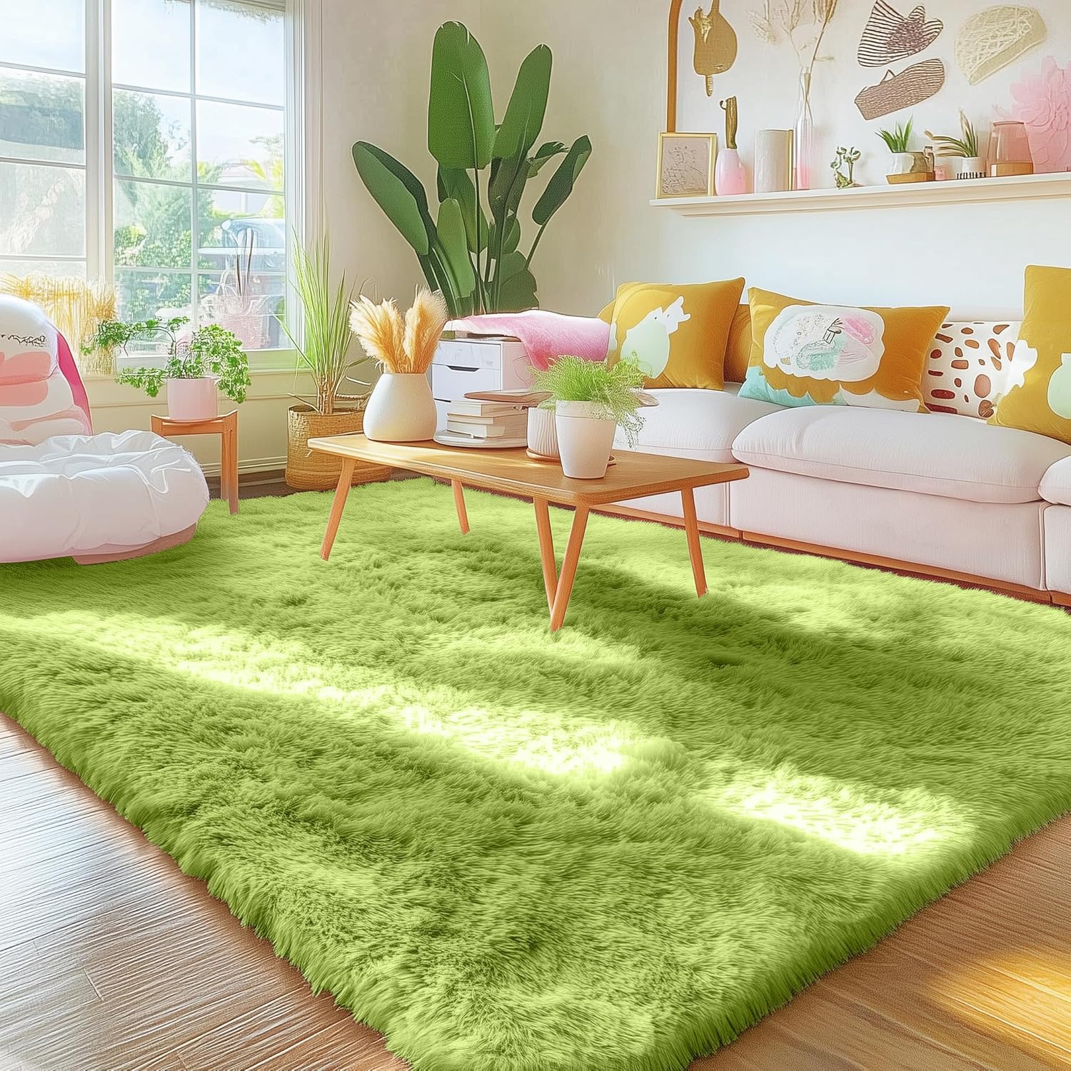 OLANLY Area Rugs - Soft Fluffy Shaggy Indoor Carpet for Living Room & Bedroom | 4x5.9 ft Grass Green