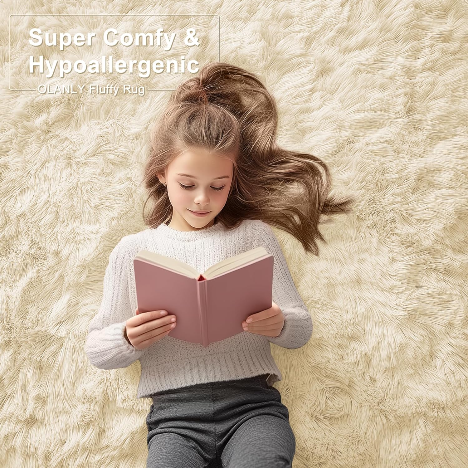 OLANLY Area Rugs - Soft Fluffy Shaggy Indoor Carpet for Living Room & Bedroom | 4x5.9 ft Cream
