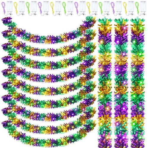 Boao 12 Pcs/78 ft Mardi Gras Decoration Tinsel Garland with LED Light 6.5 ft Each Mardi Gras Metallic Streamers Battery Operated Lighted Hanging Decor for Carnival Party Supply(Battery Not Include)