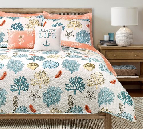 Lush Decor Coastal Reef Feather Reversible Quilt Set, 7 Piece Set Full/ Queen Blue & Coral - Queen Bedding Set Quilted - Coastal Decor - Beach House - Beachy Room