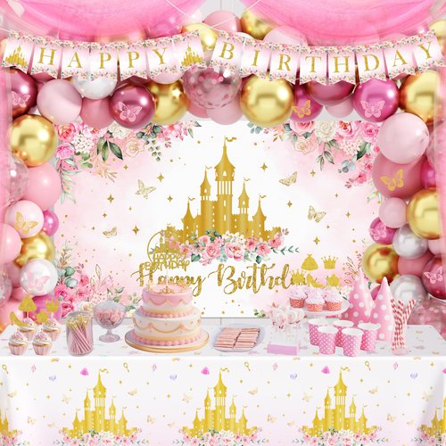 Princess Birthday Party Decorations, Pastel Floral Castle Party Supplies with Pink & Gold Balloon Arch Tulle Curtain Backdrop Banner Sash Crown Tablecloth Cake Topper for Girls Princess Party Decor
