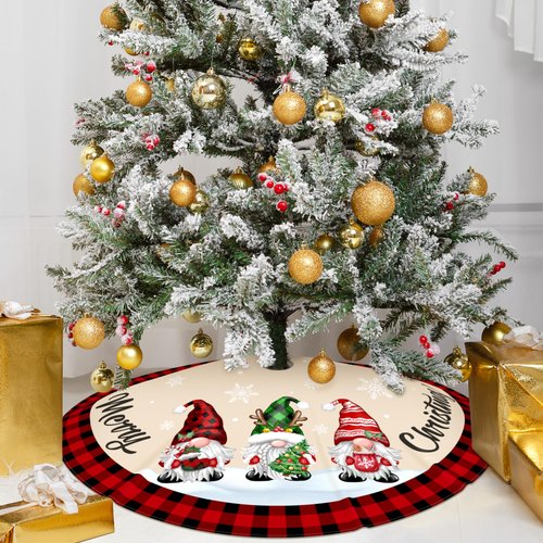 Christmas Tree Skirt 48 Inch Buffalo Plaid Tree Skirt Red and Black Plaid Gnome Xmas Decorative Tree Mat Rustic Christmas Decorations for Home Office Winter Holiday Party Decor