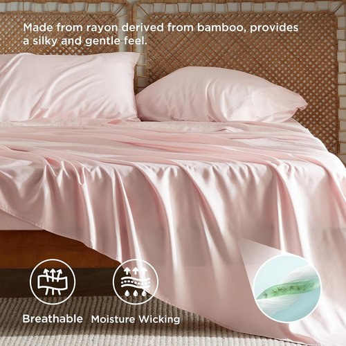 Bedsure Queen Sheet Set - Cooling Rayon from Bamboo | Breathable & Soft Deep Pocket Bedding in Pink