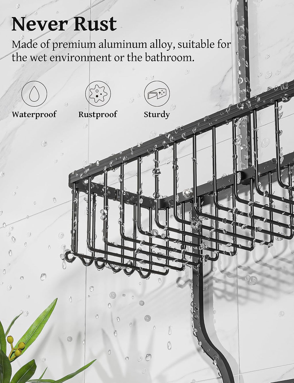 YASONIC Shower Caddy - Durable Aluminum Over Shower Head Organizer with 10 Hooks & Soap Basket - Black