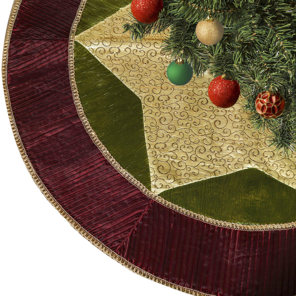 Valery Madelyn Christmas Tree Skirt for Tree Decorations, 48 Inch Traditional Red Green Gold Large Xmas Velvet Tree Skirt with Embroidery Patchwork & Tassels for Tree Merry Christmas Party Decor