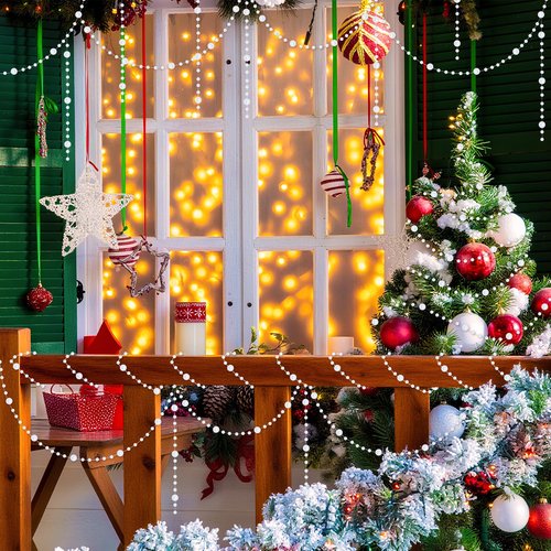 100 FT Christmas Tree Beads, 2 Sizes Artificial White Beaded Christmas Garland, Beads Strands Chain Garland Trim Roll for Xmas Tree, Plastic Hanging Beads Strands Chain for DIY Christmas Decorations