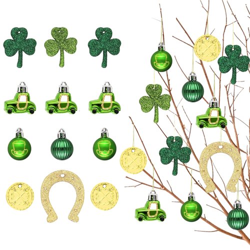 DecorbyHannah St Patricks Day Decorations Shamrock Irish Tree Ornaments Set, 18ct Green Gold St. Patrick's Day Shatterproof Good Luck Clover Hanging Horseshoe Truck Ornament for Christmas Party Spring