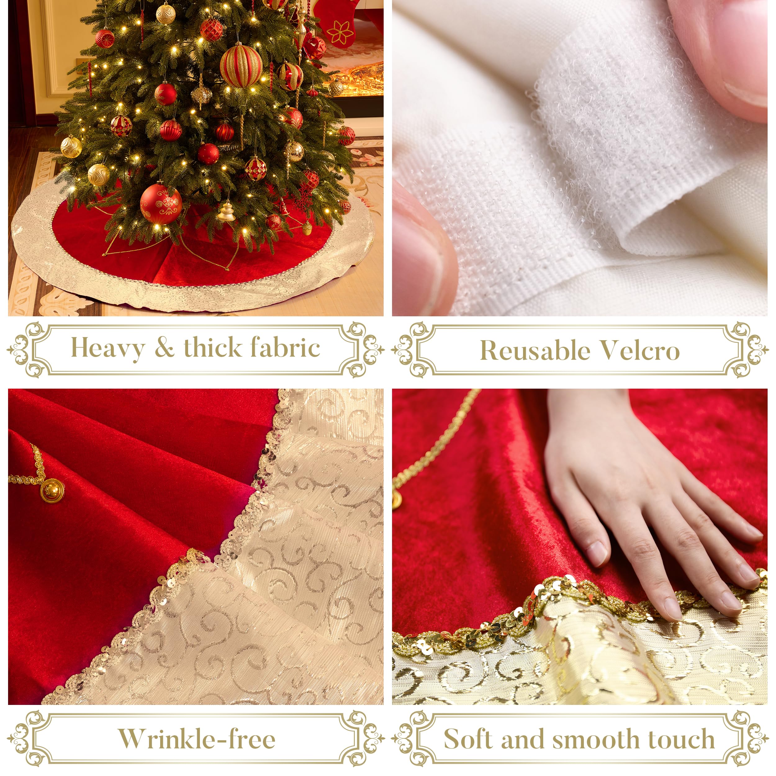 Valery Madelyn Christmas Tree Skirt for Tree Decorations, 60 Inch Fabric Luxury Red Gold Large Xmas Velvet Tree Skirt with Embroidery Flower & Golden Baroque Border Tree Merry Christmas Party Decor