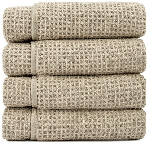 S&T INC. Bath Towels, Premium Waffle Towels for Bathroom, Extra Large, Absorbent Microfiber for Home, Yoga, and Gym, Waffle Weave, 30 Inches x 60 Inches, 420gsm, 4 Pack, Beige