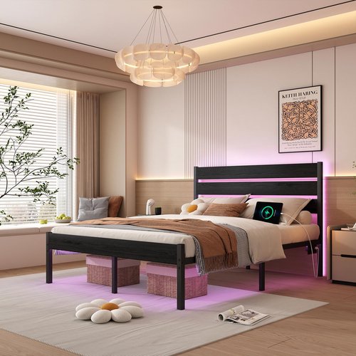 Chuangshuo Guard Full Size Bed Frame with Headboard,Heavy Duty LED Bed Frame with USB Charging Station,Mattress Foundation-Under Bed Storage, No Box Spring Needed, Noise Free，Black