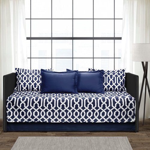 Lush Decor Edward Trellis Patterned 6 Piece Daybed Cover Set Includes Bed Skirt, Pillow Shams and Cases, 75" X 39", Gray and White
