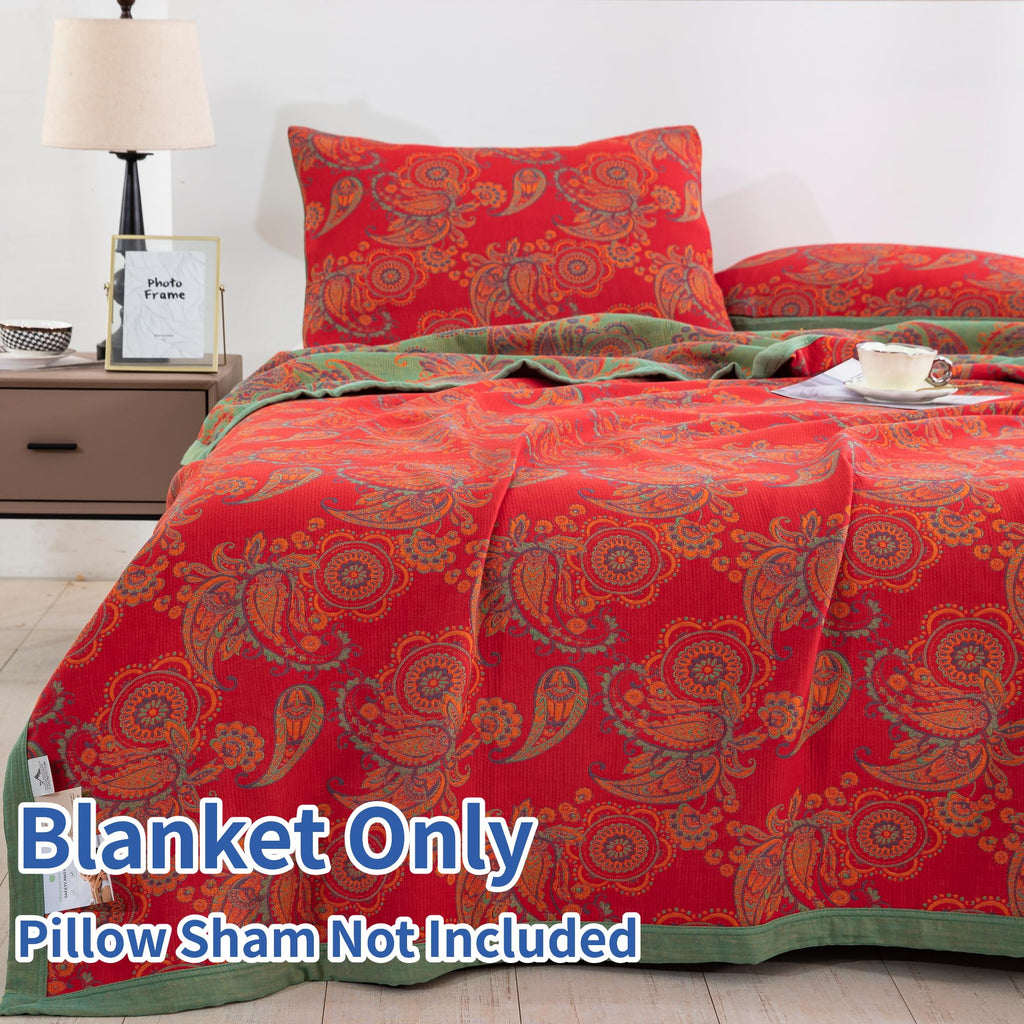 Purefair 100% Cotton Muslin Blanket Jacquard Red Paisley Quilt, Super Soft 3 Layers Gauzy Breathable Reversible Lightweight Bed Cover Bedspread Coverlet for All Seasons, Twin(59"x94"), No Pillow Sham