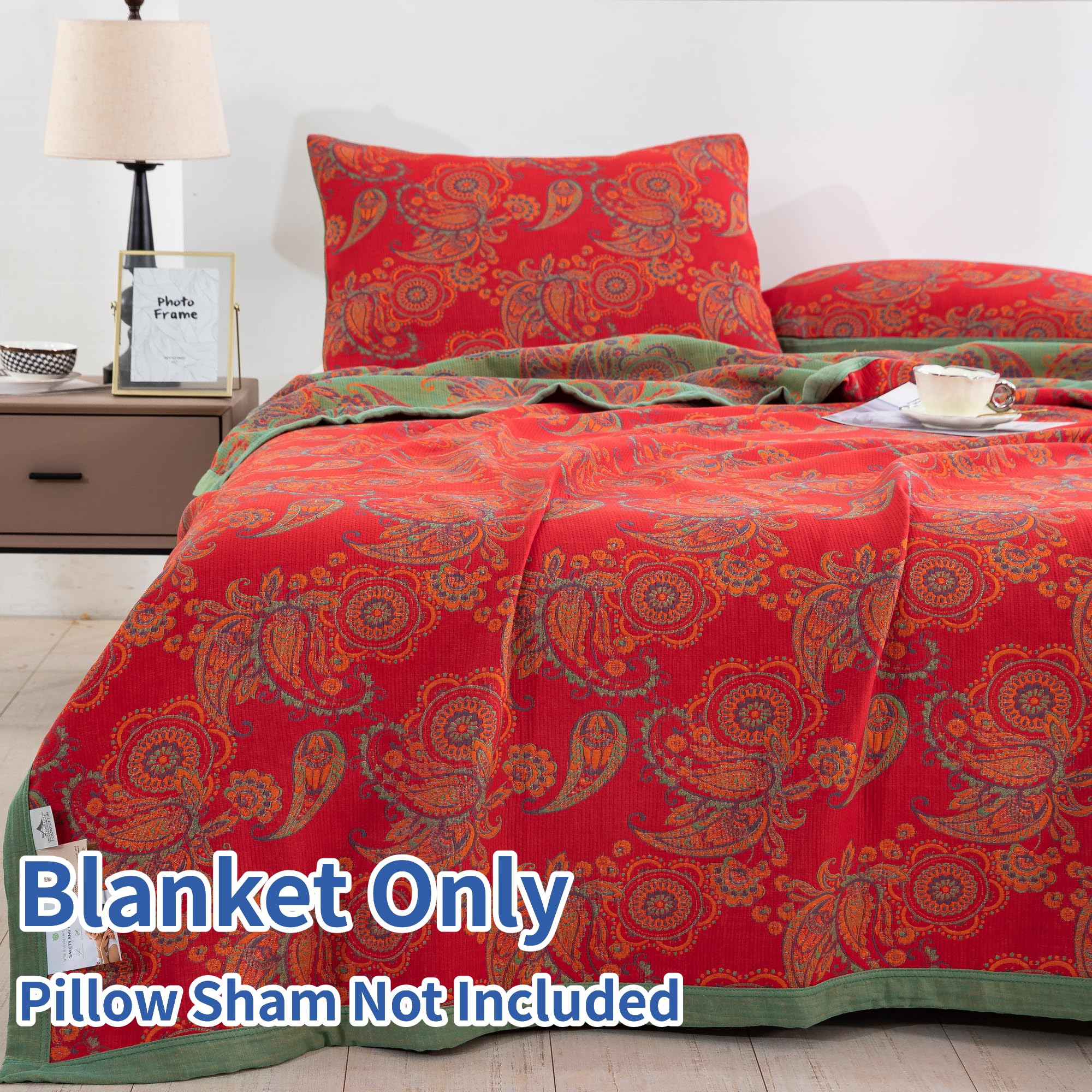 Purefair 100% Cotton Muslin Blanket Jacquard Red Paisley Quilt, Super Soft 3 Layers Gauzy Breathable Reversible Lightweight Bed Cover Bedspread Coverlet for All Seasons, Twin(59"x94"), No Pillow Sham