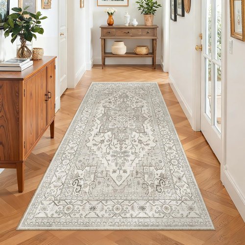 Madane Hallway Runner Rug - Vintage Washable Non-Slip 3x6 Soft Floor Mat | Beige/Brown for Entryway & Living Room