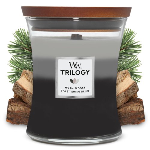 WoodWick Medium Hourglass Scented Trilogy Candle | Warm Woods | with Crackling Wick | Up to 60 Hours Burn Time