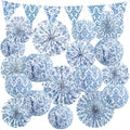 Tujoe 19 Pcs Chinoiserie Themed Party Decorations 10 Paper Lanterns 3 Triangle Flags Banner 6 Hanging Round Fans Blue and White Print Chinese Hanging Decoration for Ceiling Wedding Birthday Home Decor