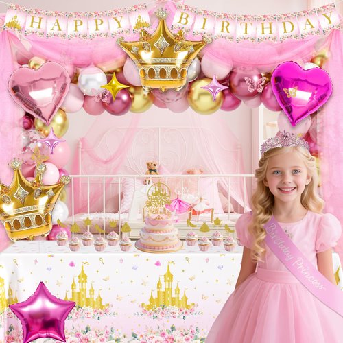 Princess Birthday Party Decorations, Pastel Floral Castle Party Supplies with Pink & Gold Balloon Arch Tulle Curtain Backdrop Banner Sash Crown Tablecloth Cake Topper for Girls Princess Party Decor