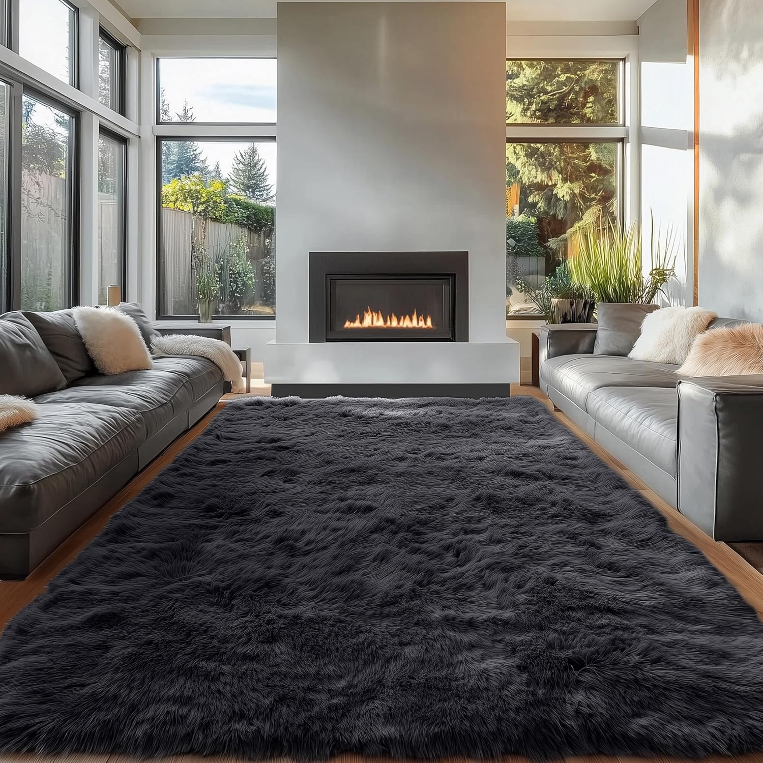 OLANLY 6x6 Area Rug - Soft, Fluffy Shaggy Design | Machine Washable Indoor Carpet for Kids & Nursery, Black