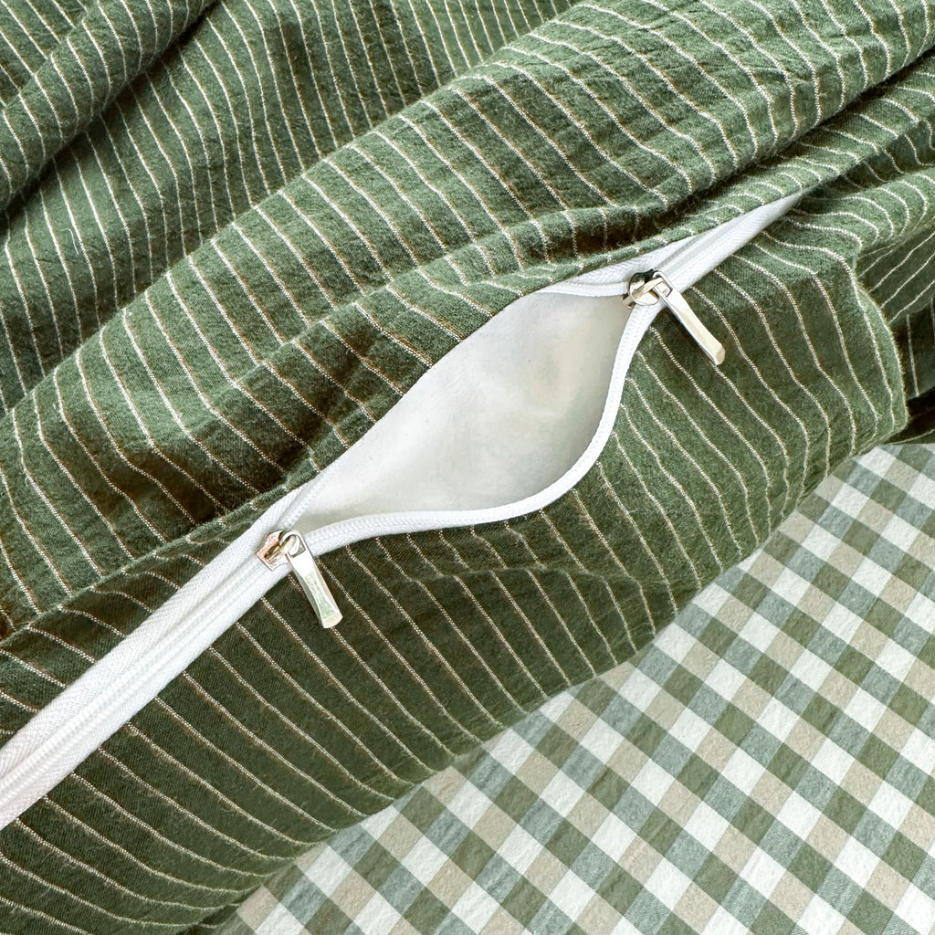 PinkMemory Green Striped Duvet Cover Queen 100% Washed Cotton Olive Green Stripes Duvet Cover Set Full 3pcs Pinstripe Pattern Bedding Set with Zipper Closure Corner Ties,Soft Breathable