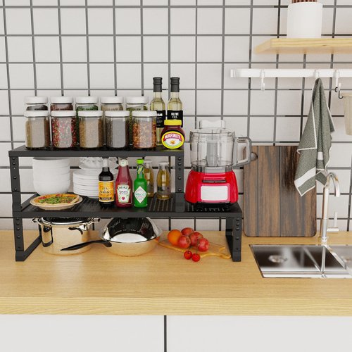 Jojocross Expandable Adjustable Stackable Kitchen Organizer, Spice Rack,Metal Pantry Storage Shelves Racks,Counter Shelf for Cabinets, Countertop, Cupboard (3 Packs/Large/Black)
