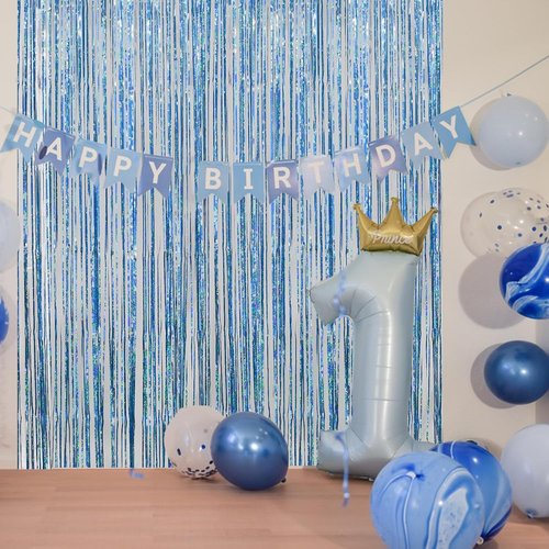 Blue Tinsel Curtain Streamers - Foil Fringe Party Backdrop for Engagement & Birthdays | 2 Pack 3.3x8.3ft