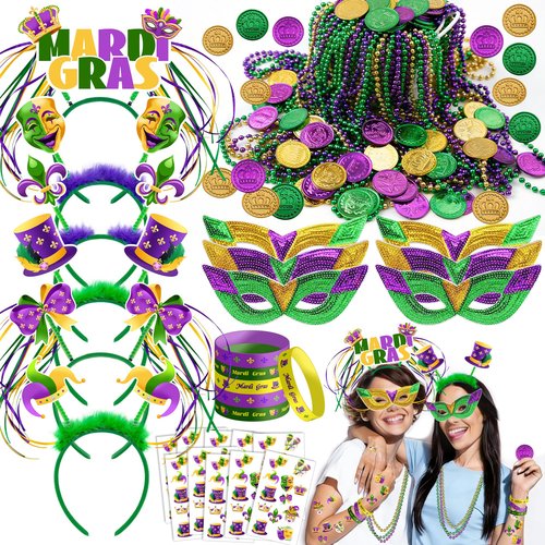 DMIGHT 124 Pcs Mardi Gras Accessories Set Bulk Party Favors Supplies with Headbands Masks Beads Necklaces Coins Tattoos for Mardi Gras Masquerade Parade Carnival Parade